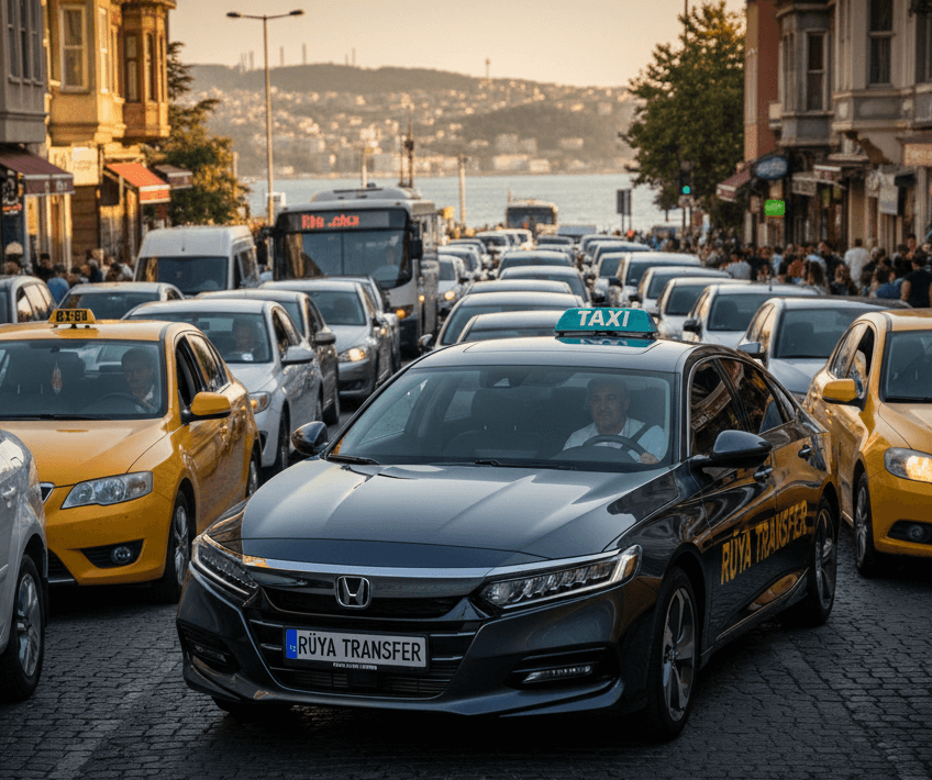 İstanbul trafiğinde seyir halindeki konforlu ve siyah renkli Sarıyer korsan taksi transfer aracı.