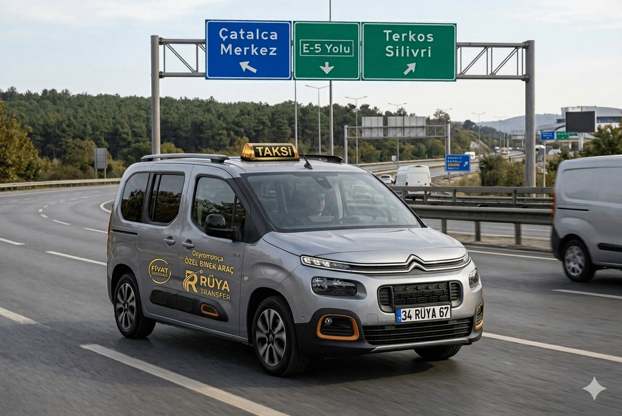 Çatalca korsan taksi binek araç transfer hizmeti, Çatalca Merkez ve Silivri tabelası önünde seyir halindeki Rüya Transfer aracı.