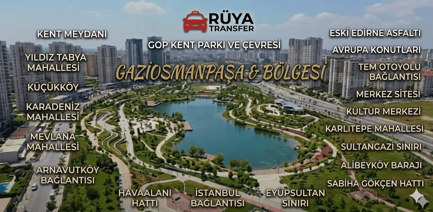 Gaziosmanpaşa ve çevresindeki hizmet bölgelerimizi (Küçükköy, Karadeniz, Mevlana) gösteren transfer haritası.