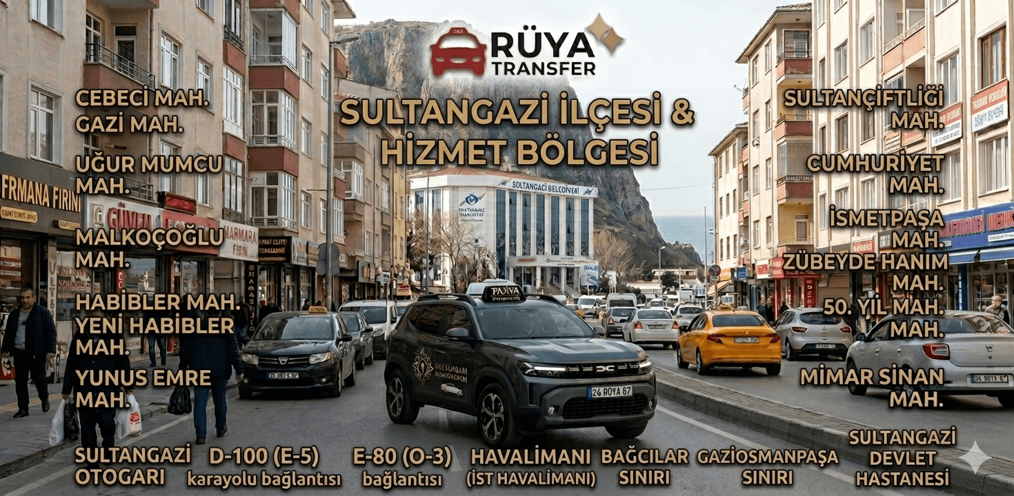 Sultangazi mahalleleri ve korsan taksi hizmet bölgelerini gösteren Rüya Transfer iletişim görseli.